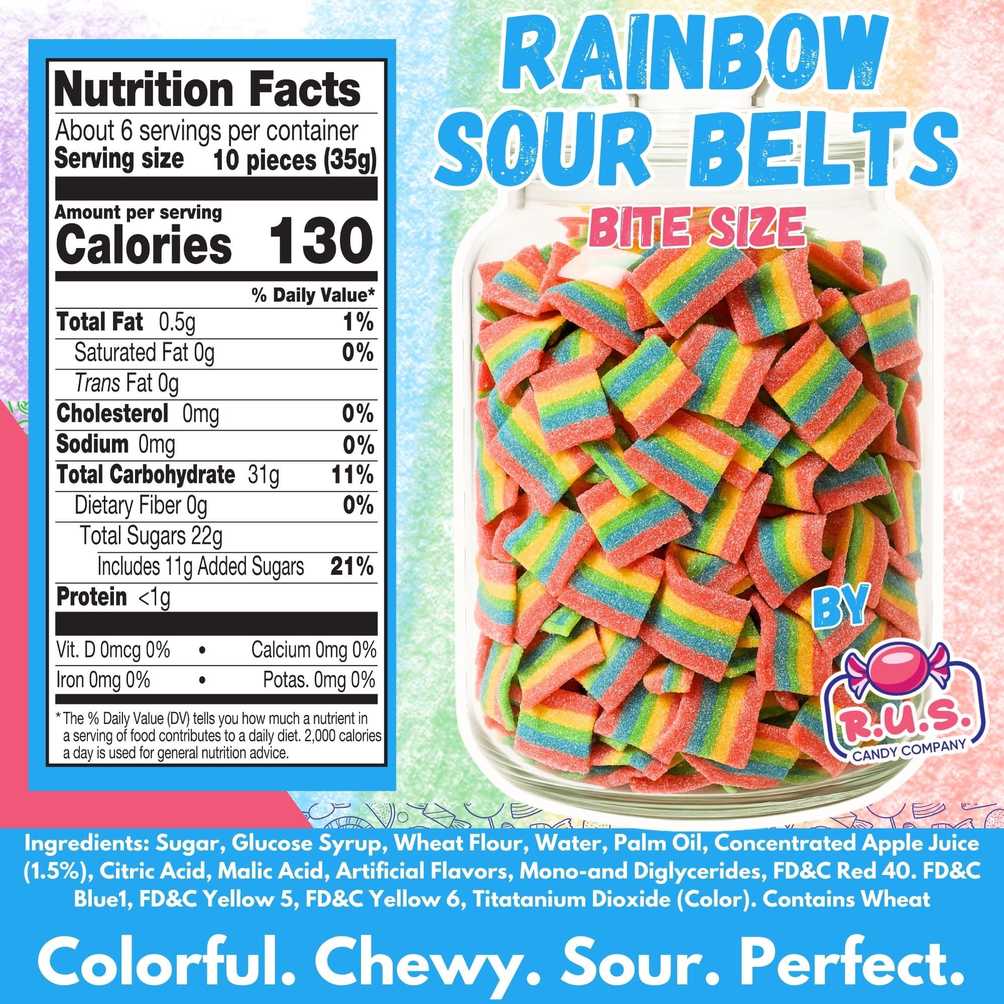 Close-up of Rainbow Sour Belts showing blue raspberry stripes and chewy texture.