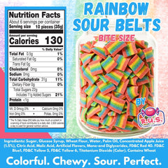 Close-up of Rainbow Sour Belts showing blue raspberry stripes and chewy texture.