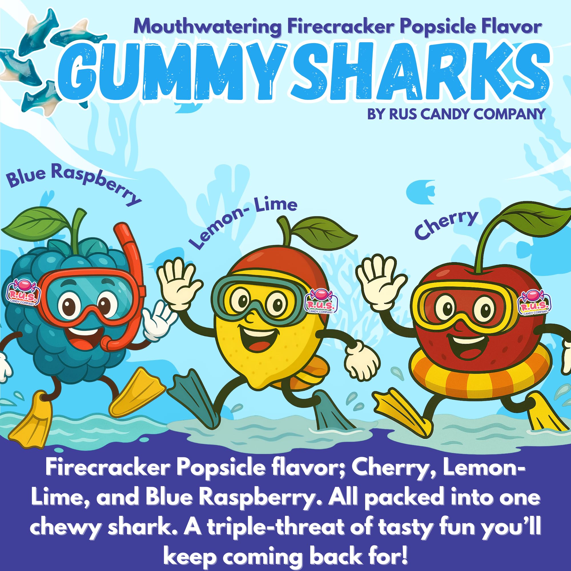 Dessert table idea with R.U.S. Candy shark candy for beach party