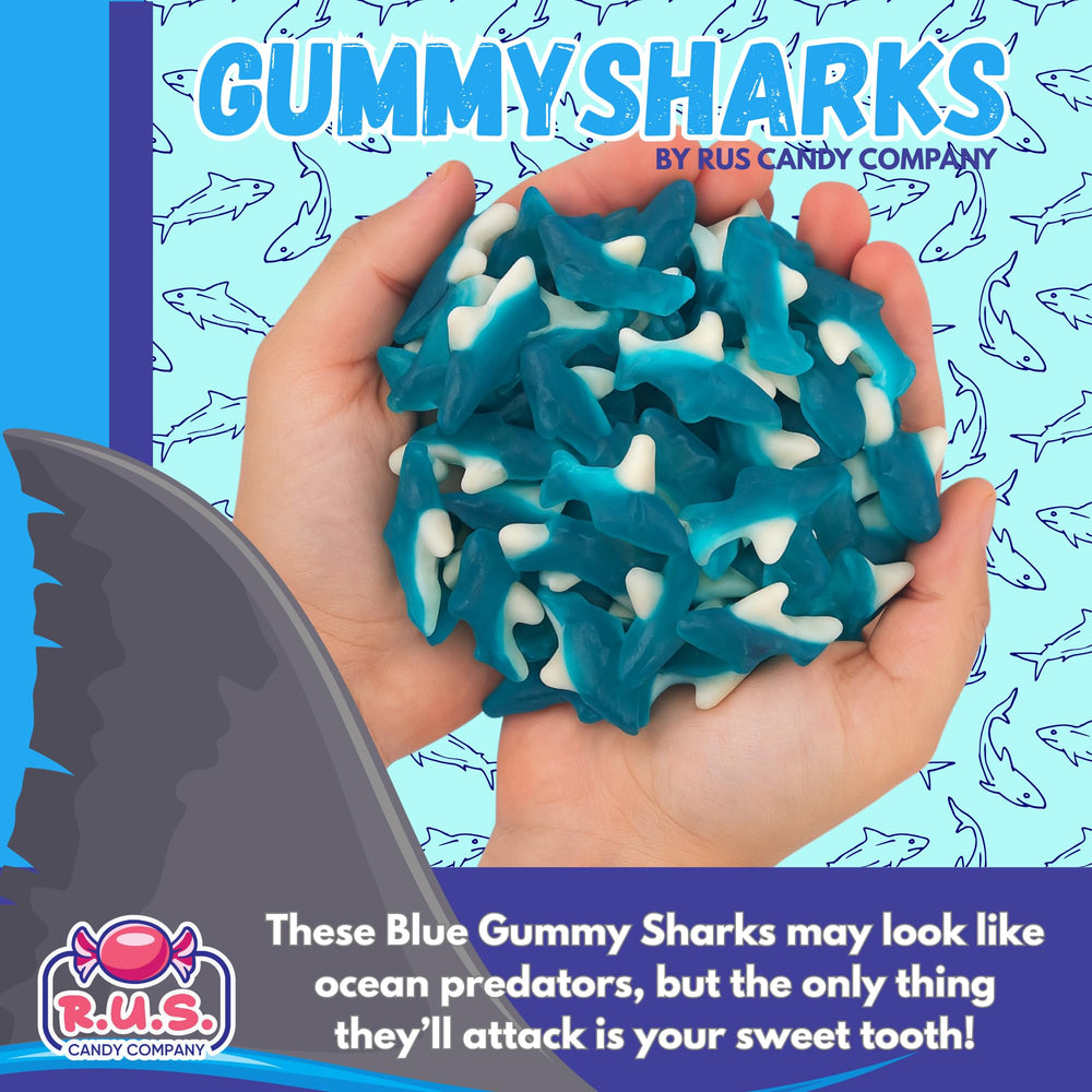 Soft chewy texture of R.U.S. Candy blue shark gummies