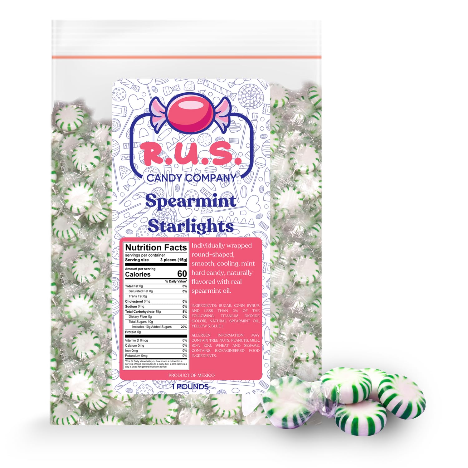 R.U.S. Candy Spearmint Starlite bag of mint candies for sharing at gatherings