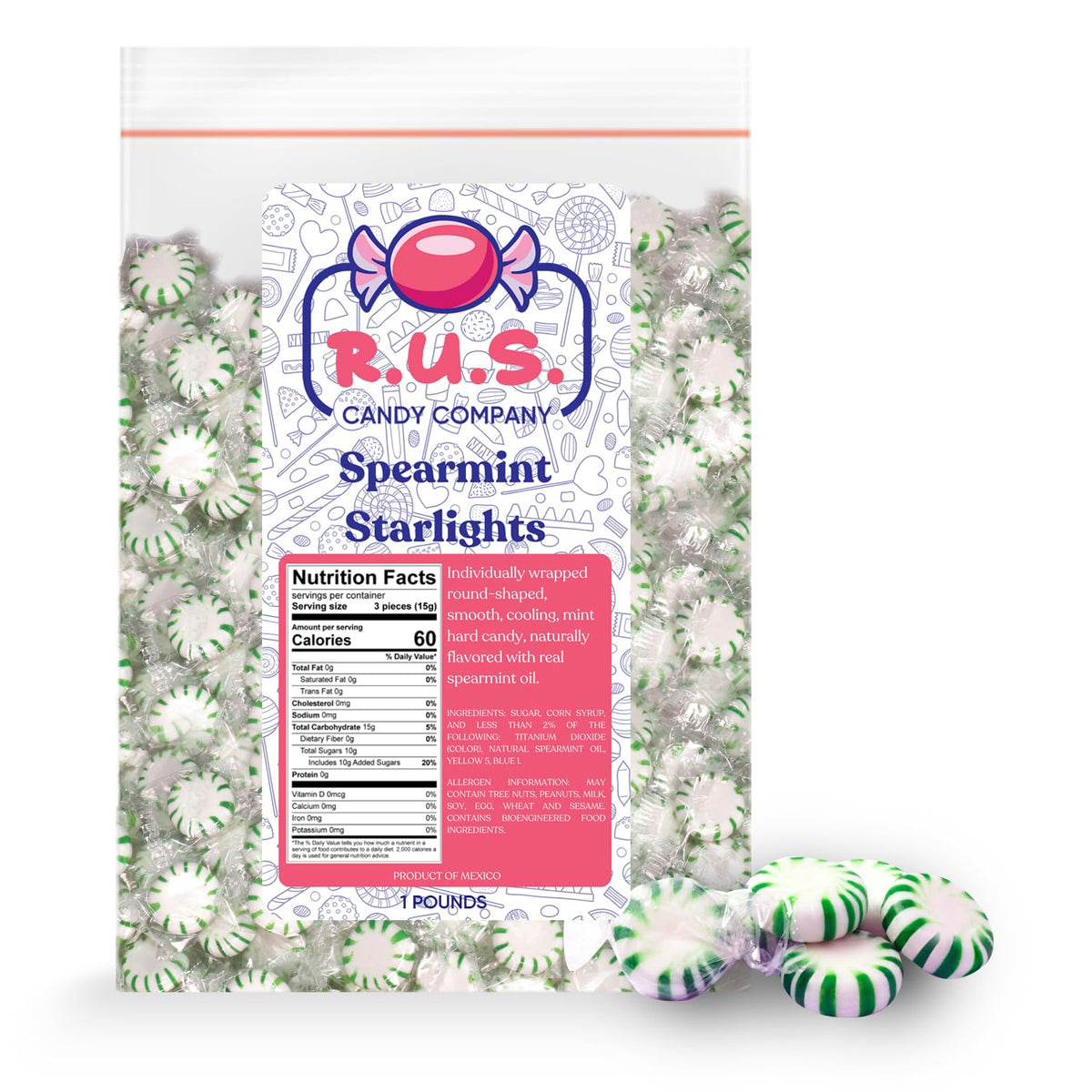 R.U.S. Candy Spearmint Starlite bag of mint candies for sharing at gatherings