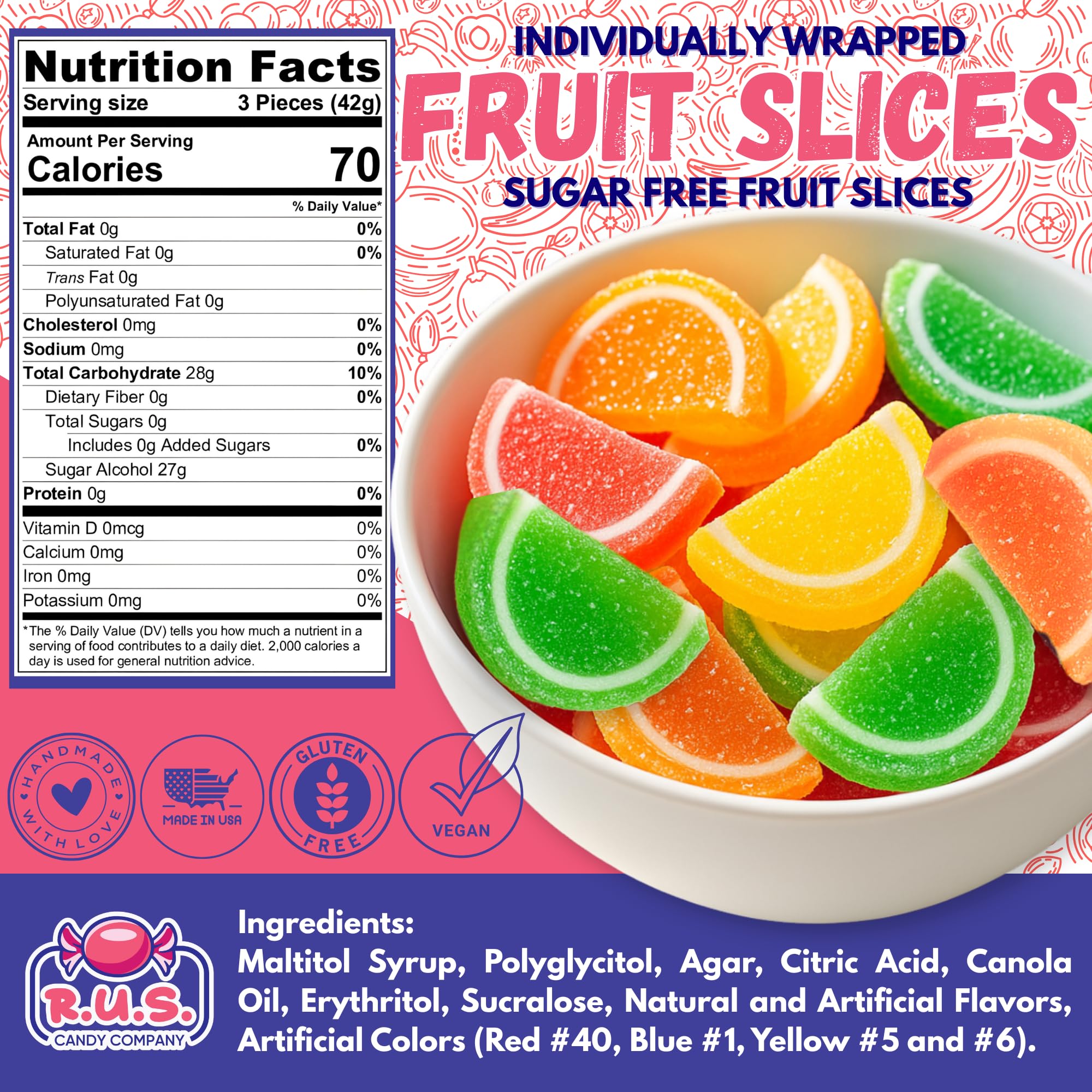 RUS Candy Sugar-Free Fruit Slices close-up texture and chewy bite.