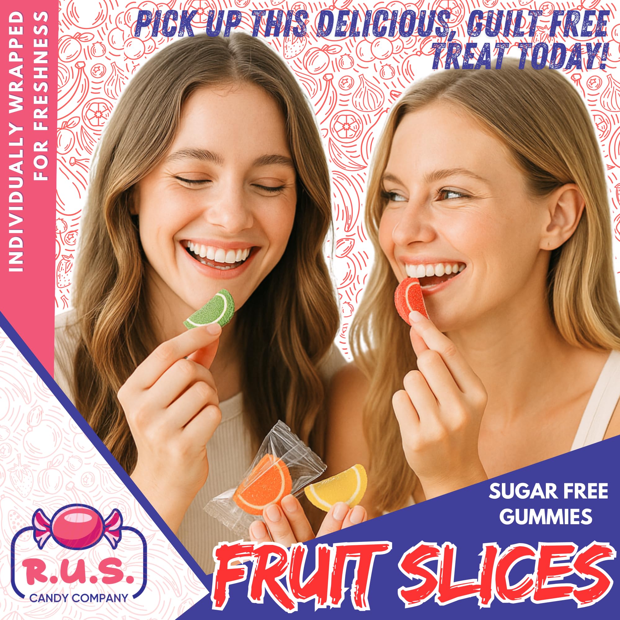 RUS Candy Sugar-Free Fruit Slices assorted flavors for snacking fun.