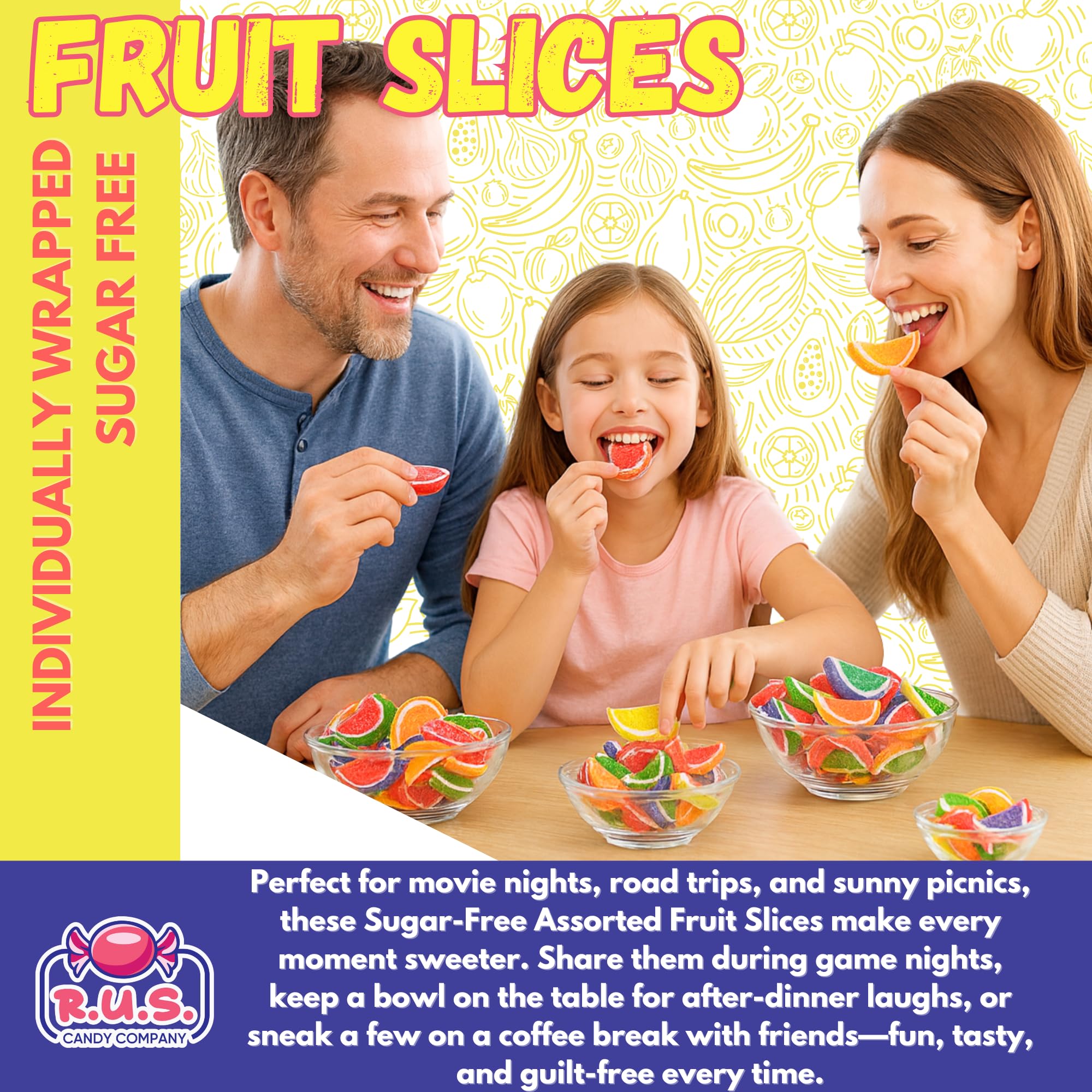 RUS Candy Sugar-Free Fruit Slices served on a candy dish for parties.