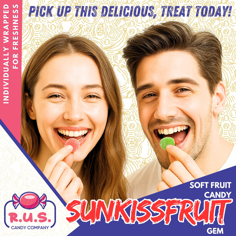 R.U.S. Candy SunKissFruit Gems vibrant colors and sparkling sugar for desserts.