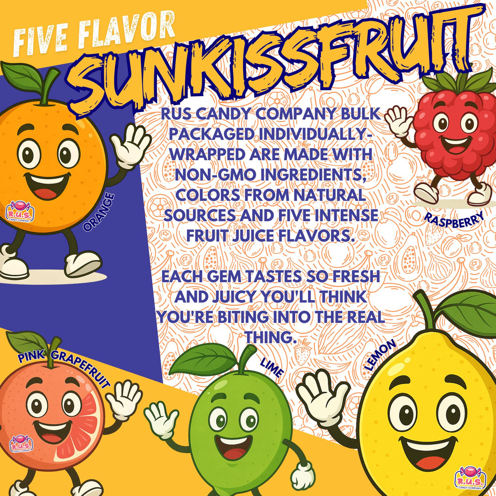 R.U.S. Candy SunKissFruit Gems five fruity flavors ideal for parties.