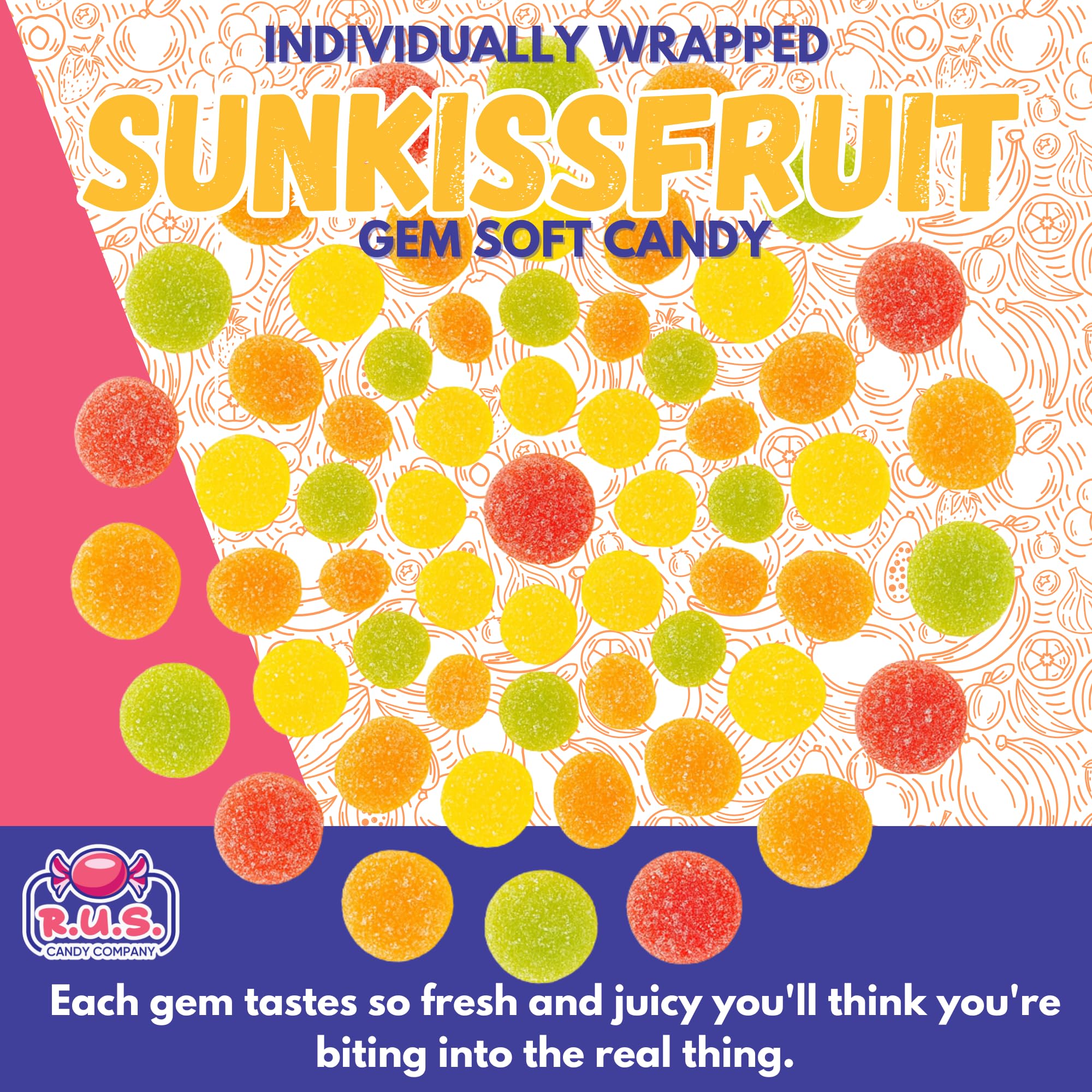 R.U.S. Candy SunKissFruit Gems sugar-coated sweetness for celebrations.