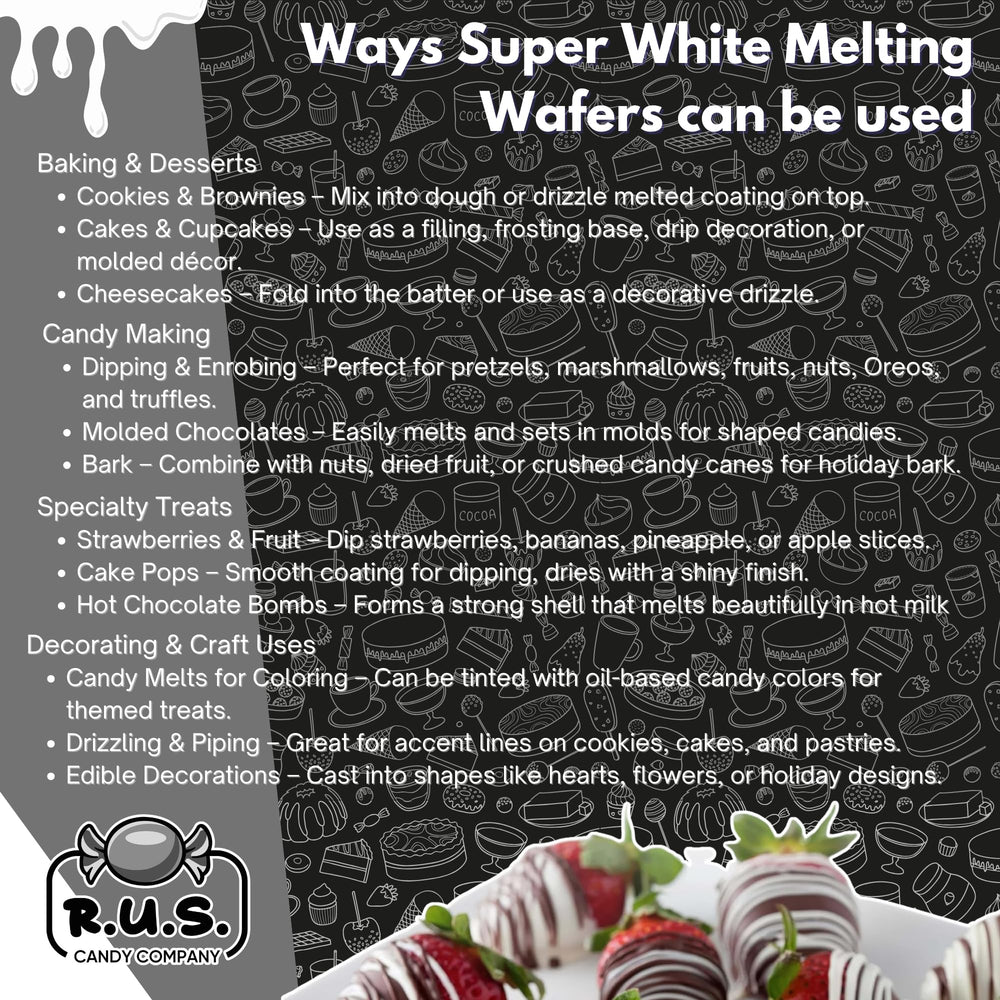 R.U.S. Candy white wafers used for decorating cookies and cupcakes.