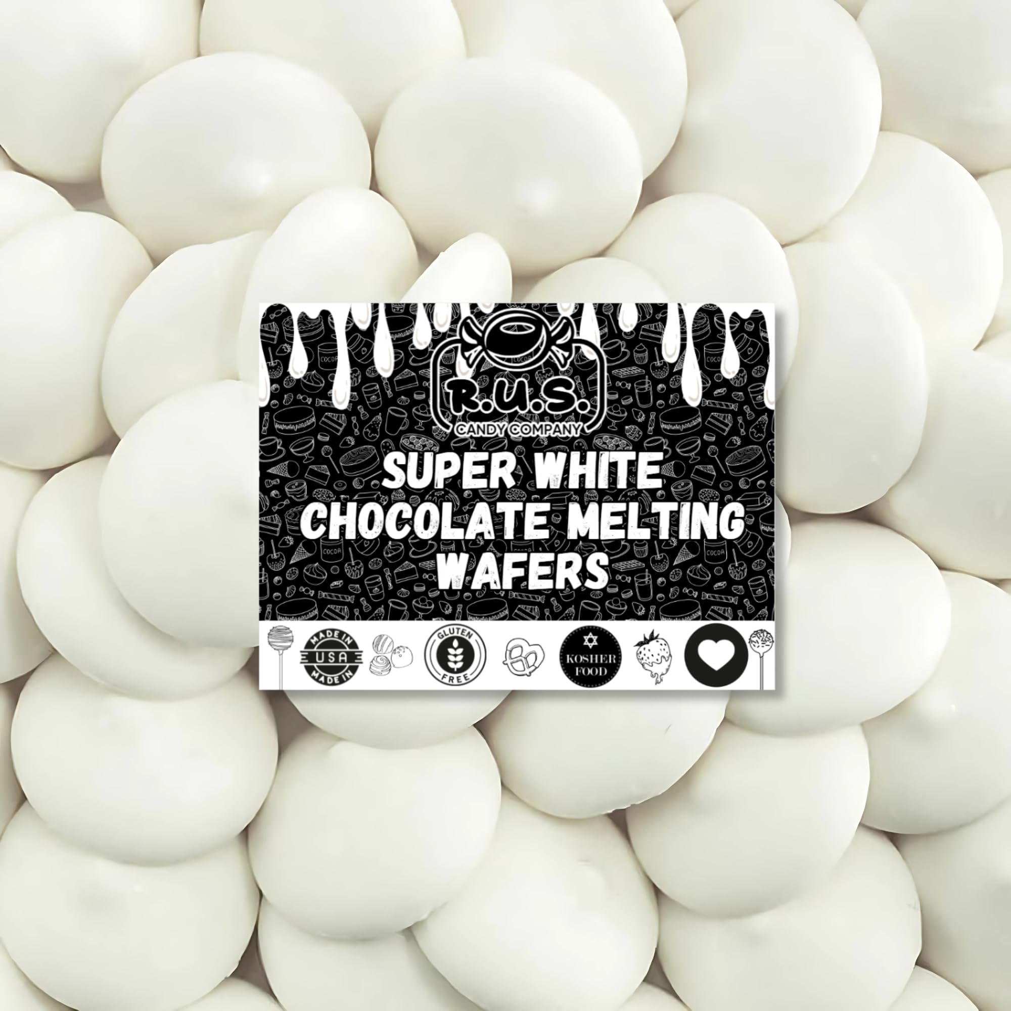 R.U.S. Candy white melting wafers for strawberries dipping with glossy finish.