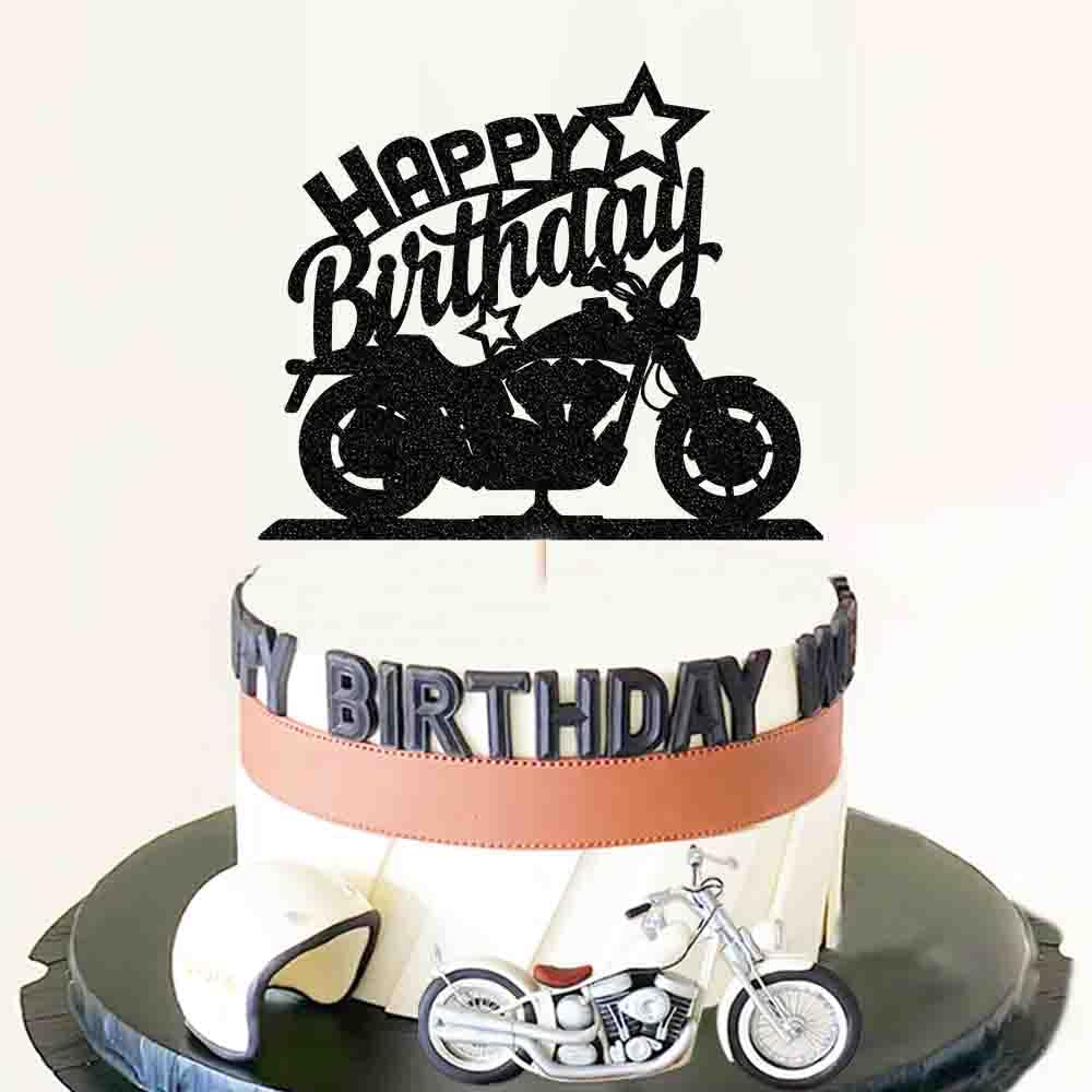 Ruscalin Happy Birthday cake topper with black flash motorcycle adds bold party style.