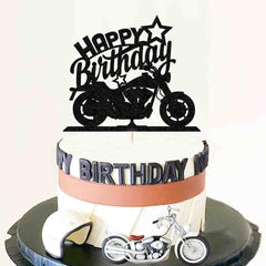 Ruscalin Happy Birthday cake topper with black flash motorcycle adds bold party style.