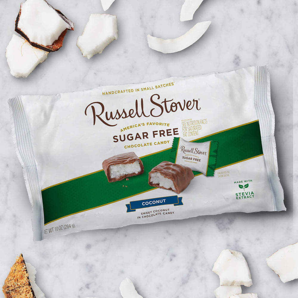 10-ounce bag of Russell Stover coconut delights, convenient for home or office.