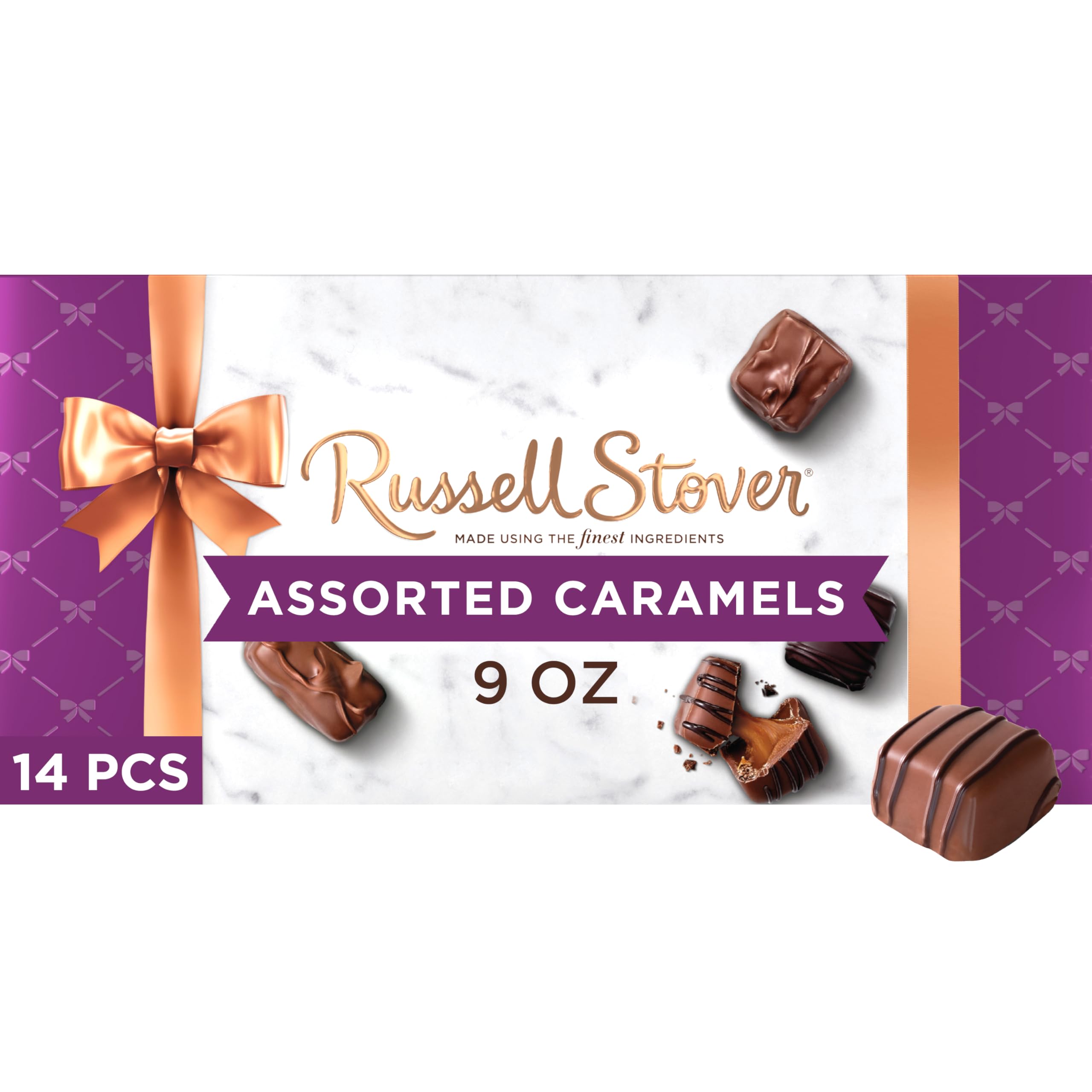 Russell Stover assorted caramels gift box front view, ideal gift for celebrations