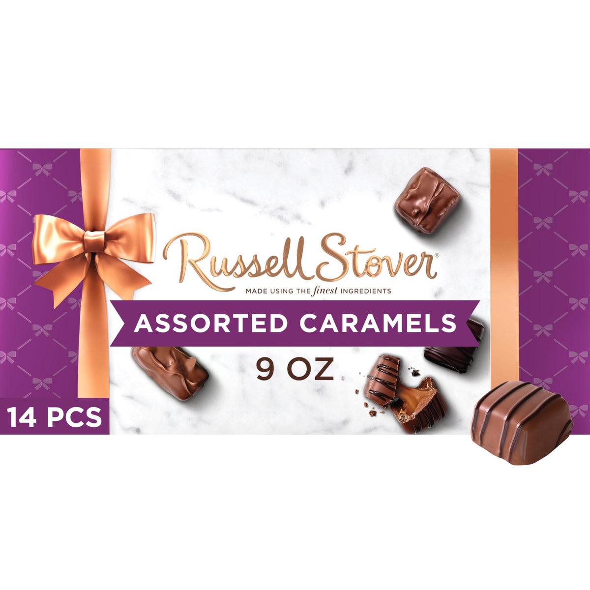Russell Stover assorted caramels gift box front view, ideal gift for celebrations