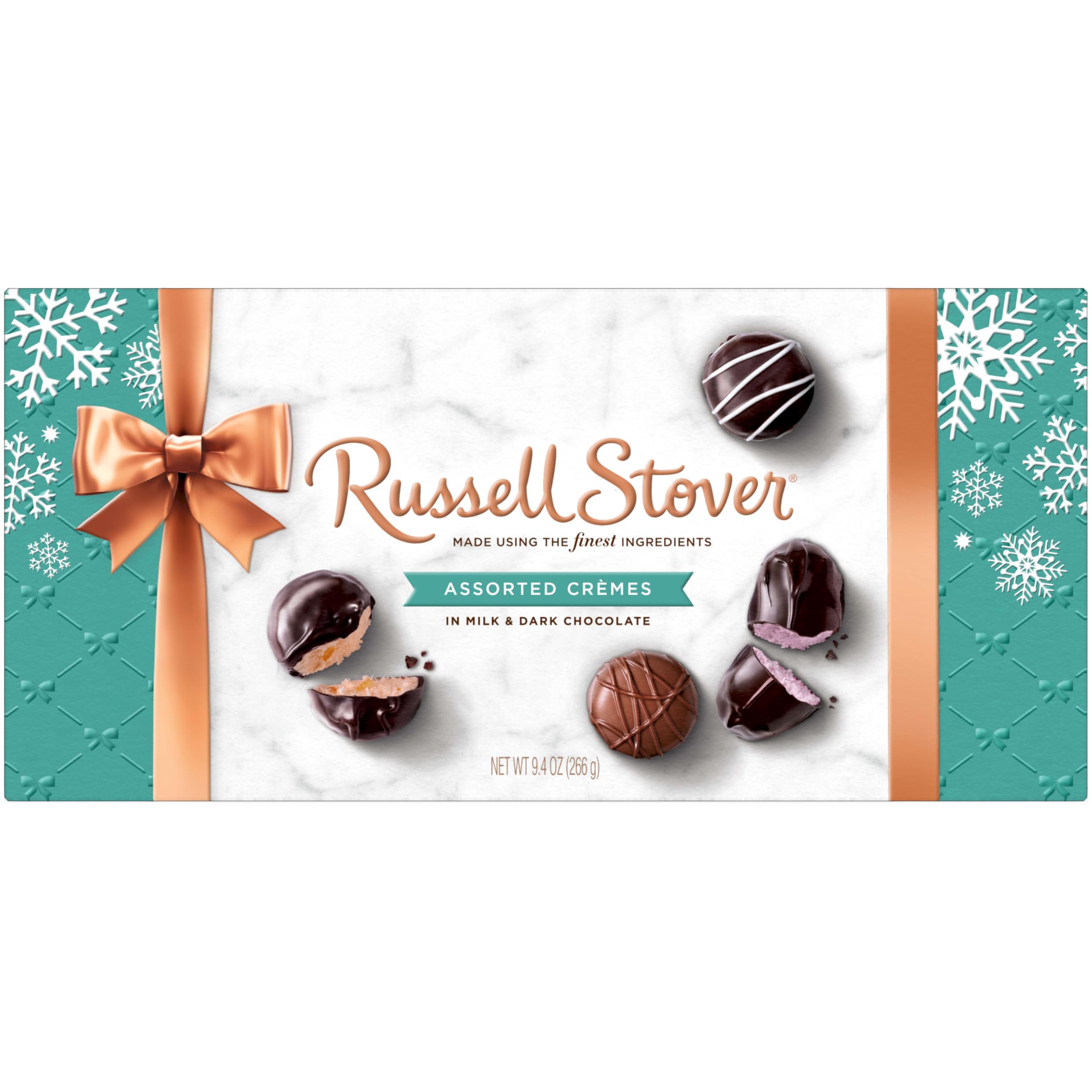 Russell Stover assorted creams gift box showcases festive packaging for holiday gifting.