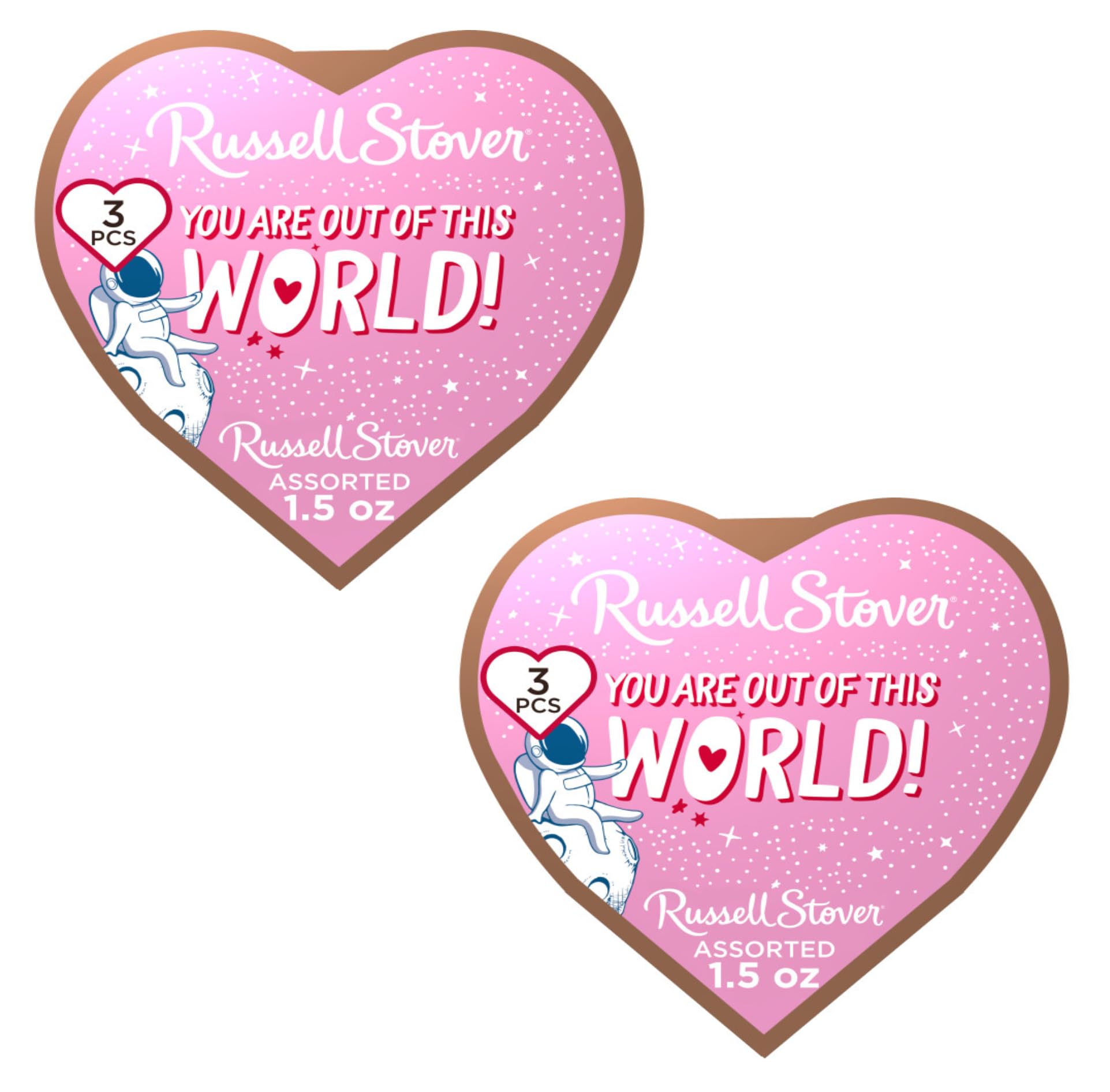 Russell Stover Cosmic Hearts box front, gift-ready Valentine’s packaging