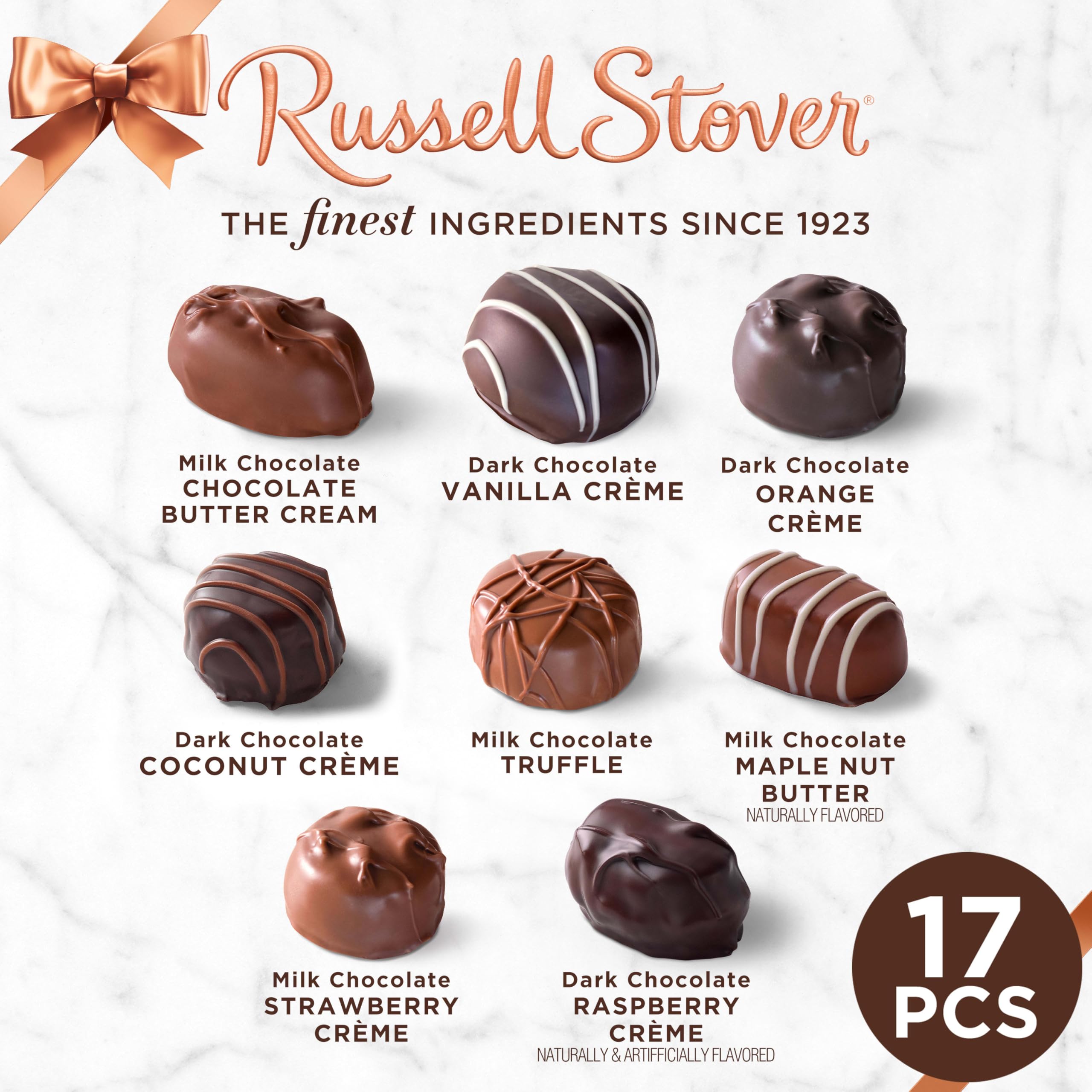 Russell Stover 17-piece creme collection shows eight milk and dark flavors.