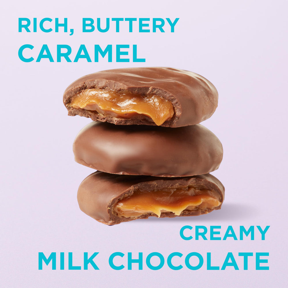 Silky milk chocolate coating over caramel center by Russell Stover