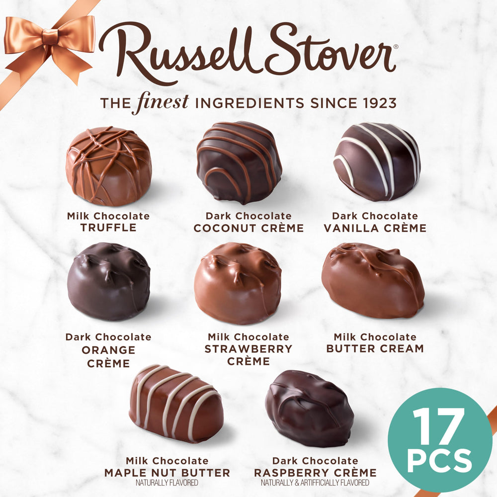 Russell Stover dark chocolate butter cream close-up, smooth flavor for sharing