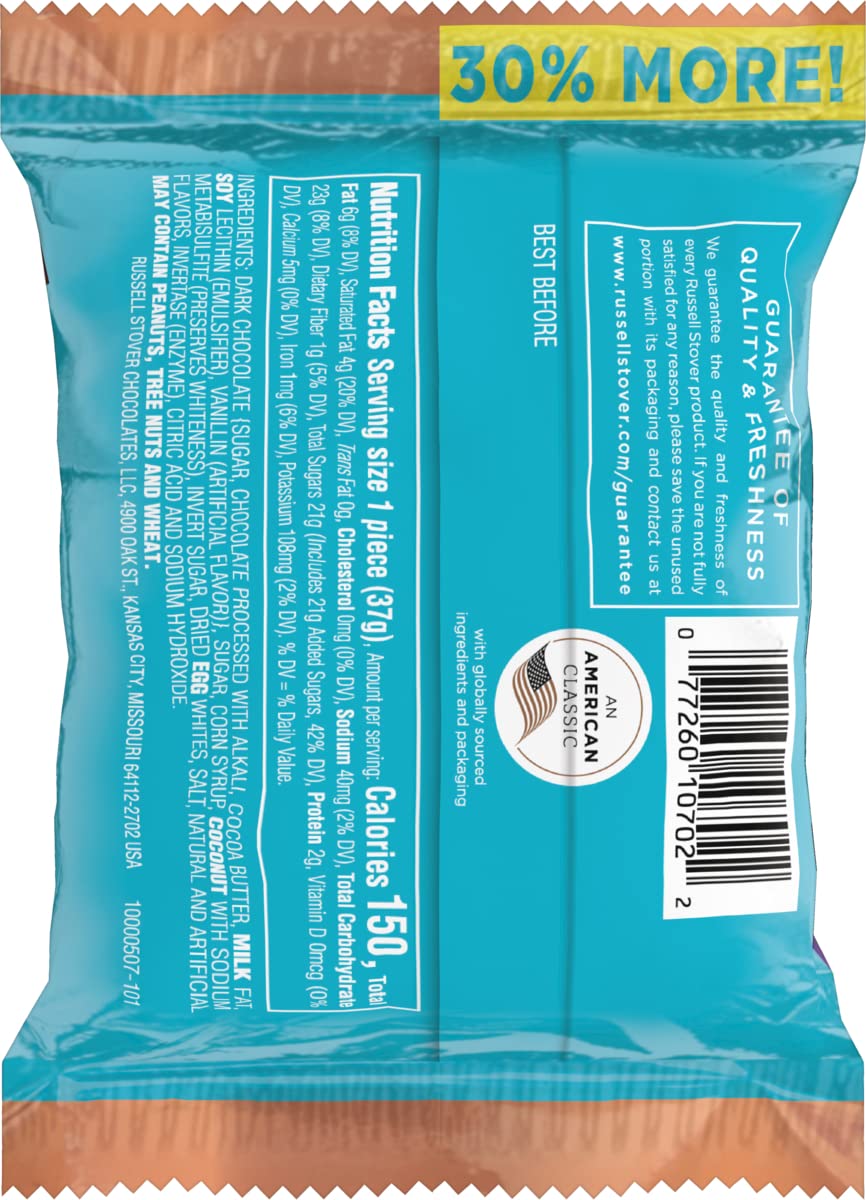 Unwrapped Russell Stover coconut cream egg, rich exterior and tropical filling, ideal for gifting.