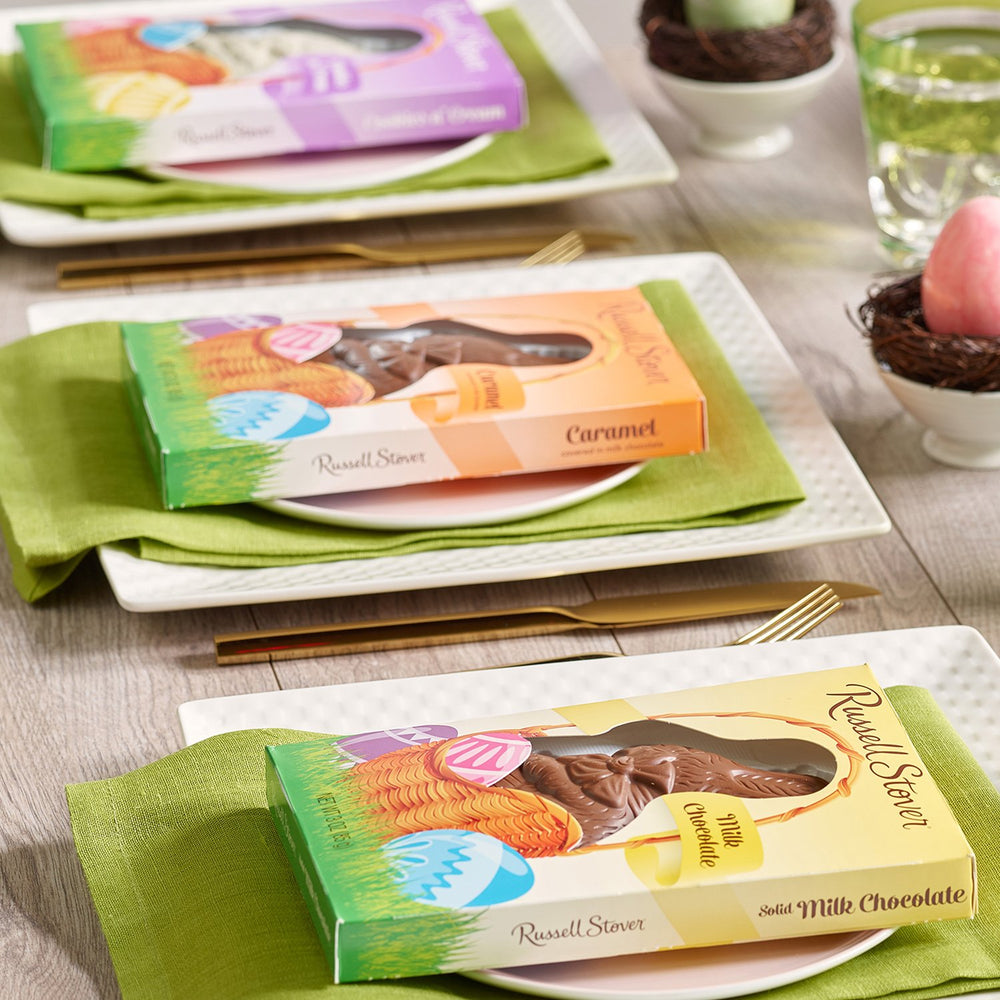 Russell Stover Dark Chocolate Easter Rabbit closeup showcases smooth texture and richness