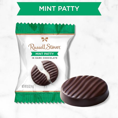 Russell Stover mint center close-up in dark chocolate patty