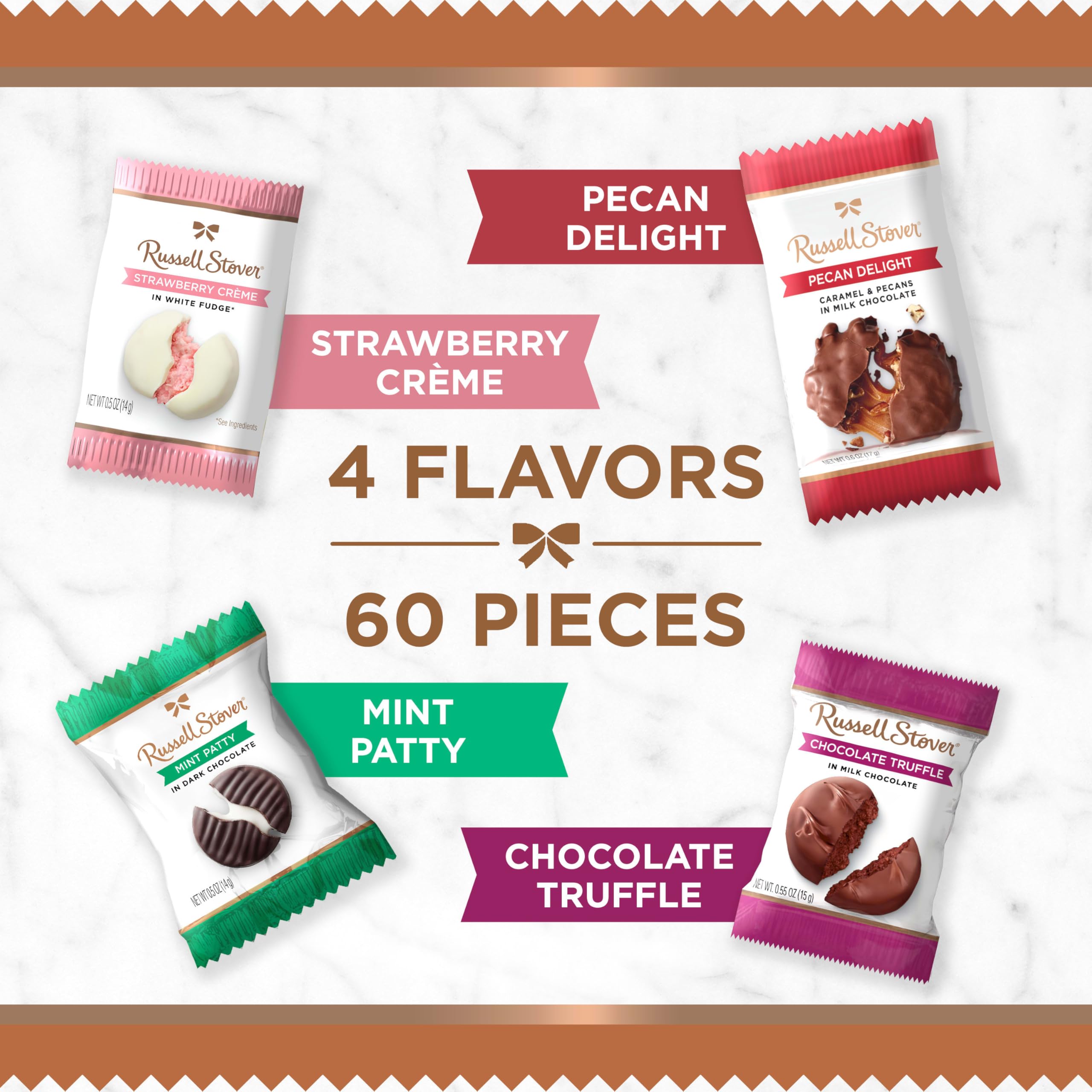 Dark chocolate mint patty with mint crème, a refreshing treat from Russell Stover.