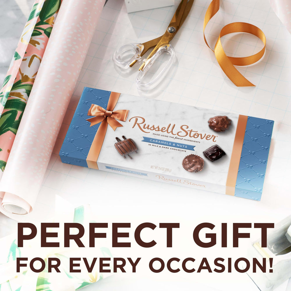Dark chocolate nut caramels by Russell Stover, rich texture.