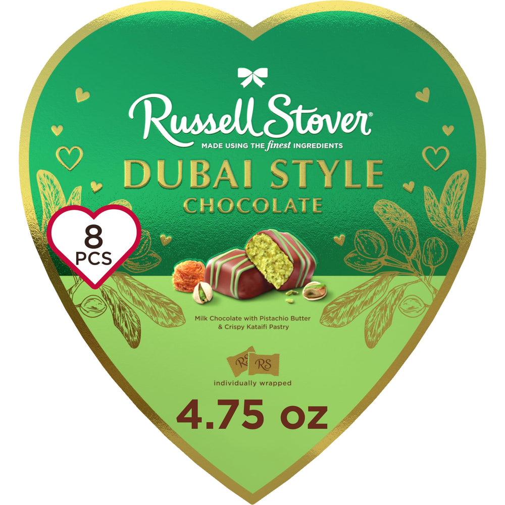 Russell Stover Dubai Style heart box front view with elegant gift packaging.