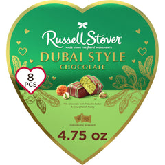 Russell Stover Dubai Style heart box front view with elegant gift packaging.