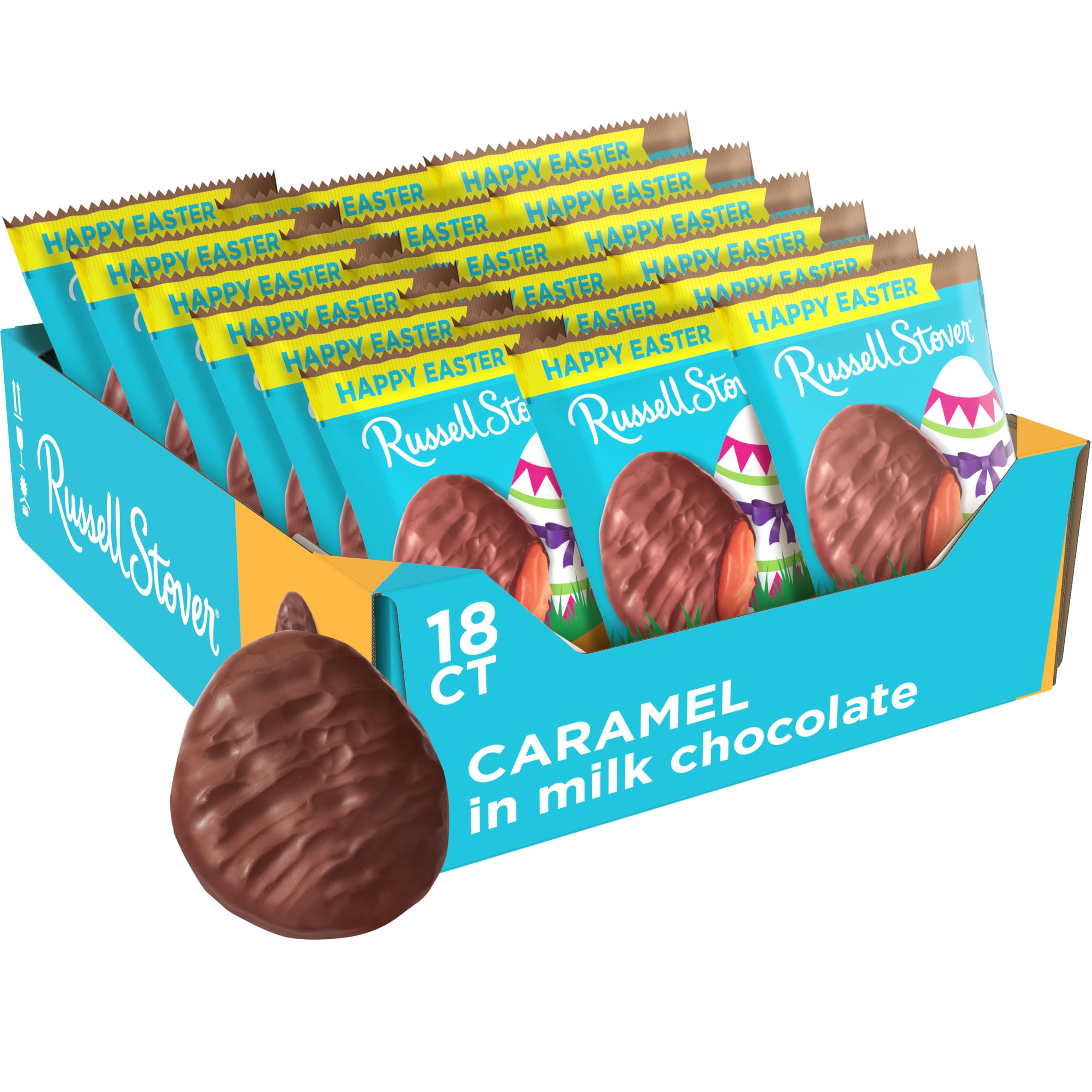 Russell Stover Easter caramel milk chocolate egg, 1.3 oz, 18-pack, featured close-up