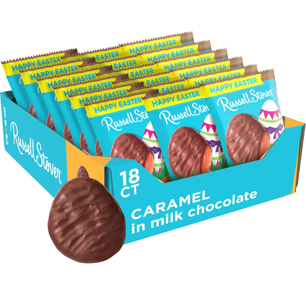 Russell Stover Easter caramel milk chocolate egg, 1.3 oz, 18-pack, featured close-up