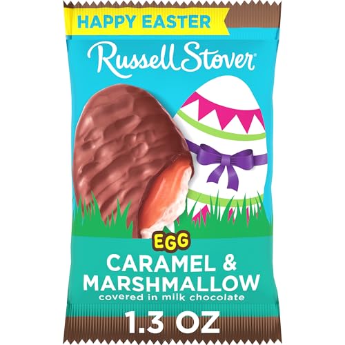 Russell Stover Easter egg cut-open showing caramel and marshmallow core