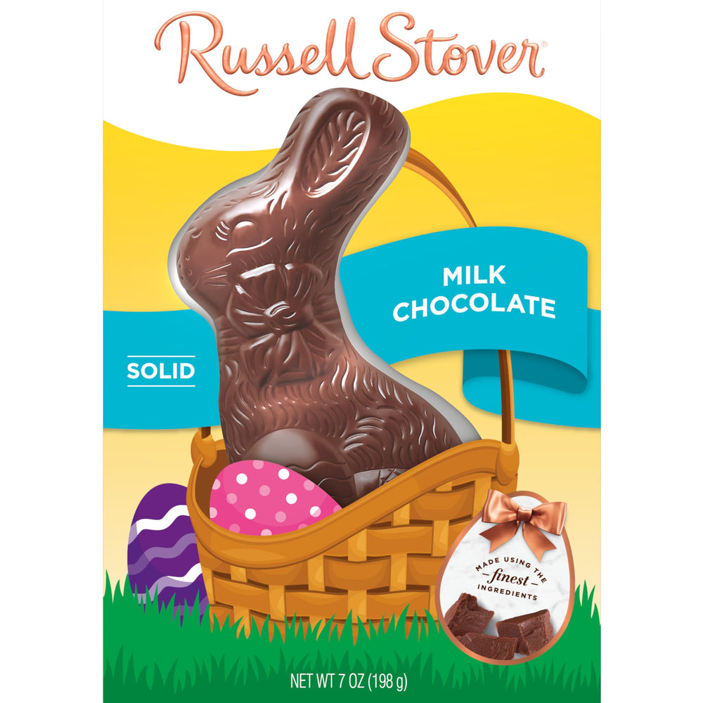 Easter egg hunt scene with Russell Stover chocolate rabbit