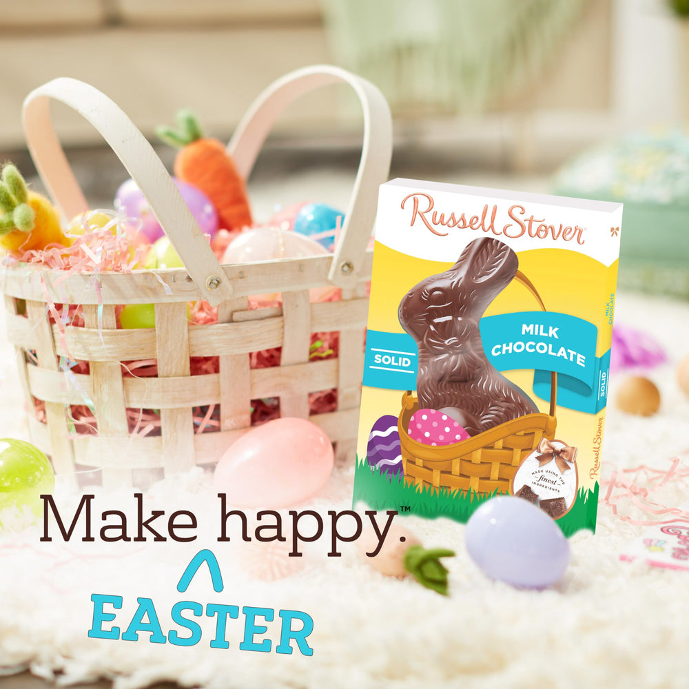 Close-up of creamy melting milk chocolate on Russell Stover rabbit