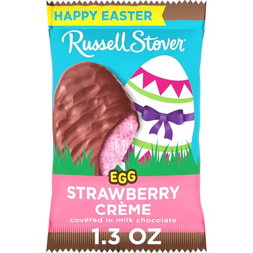 Strawberry crème center inside a Russell Stover milk chocolate egg.