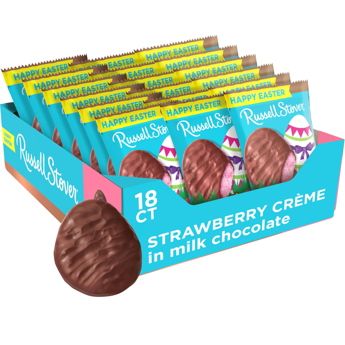 Russell Stover Easter strawberry crème milk chocolate egg, 1.3 oz, perfect for Easter baskets.