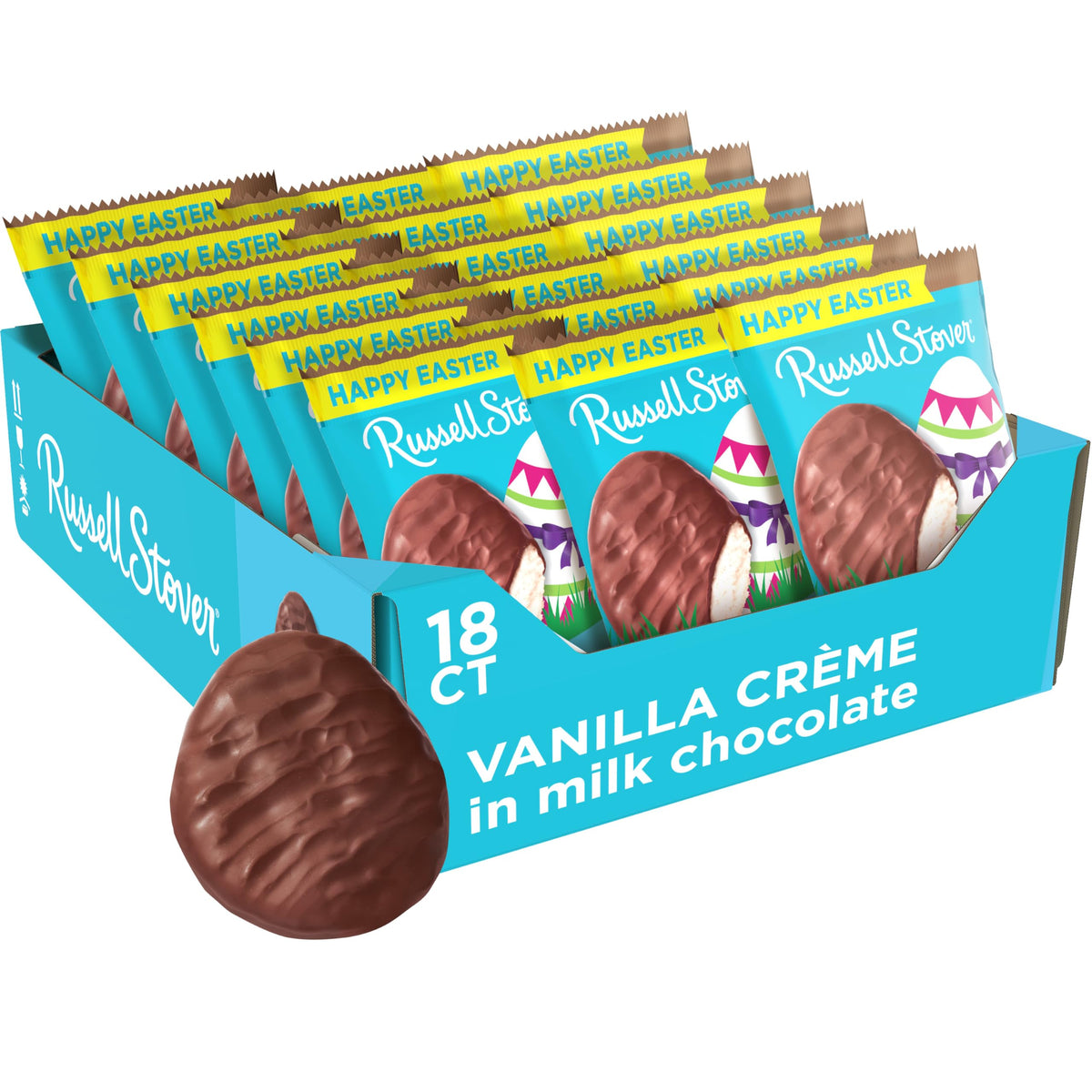 Russell Stover Easter Vanilla Creme Egg 18-pack in festive wrapping for gifting