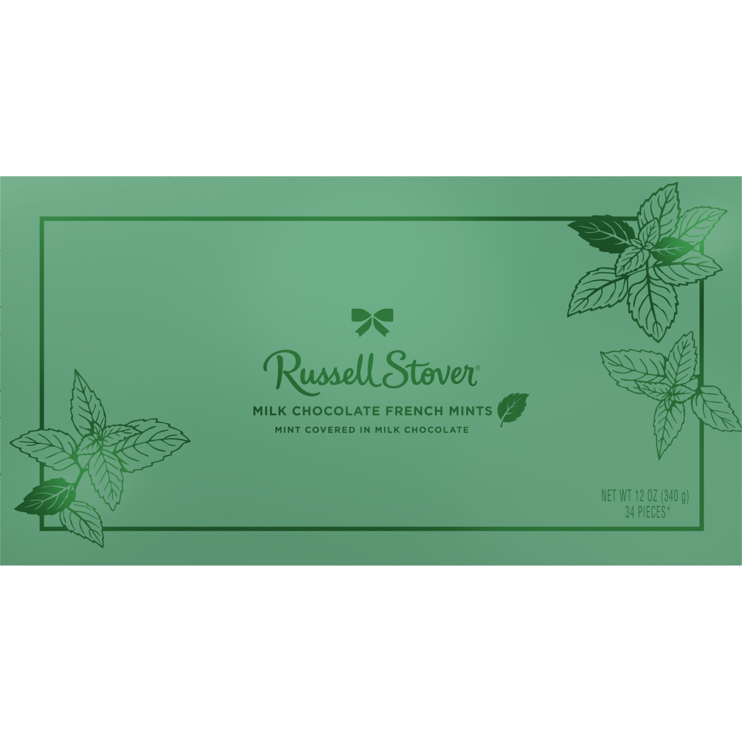 RUSSELL STOVER Gift box open reveals neatly arranged chocolates and mint centers.
