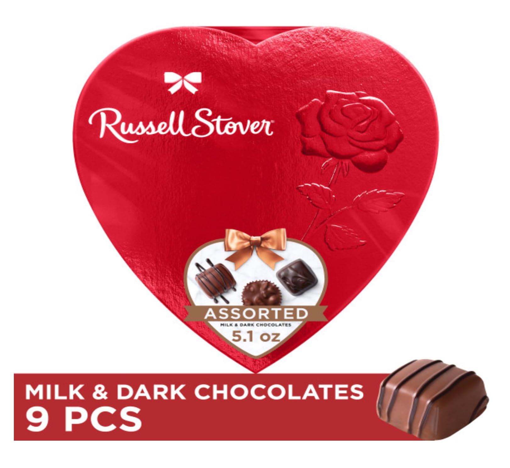 Gift-ready Russell Stover red foil heart box for Valentine gifting