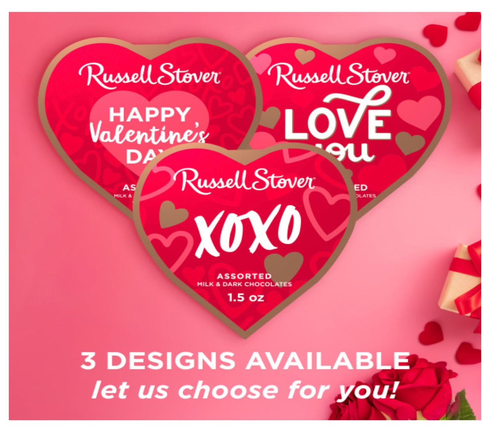 Russell Stover heart box label highlights classic American quality