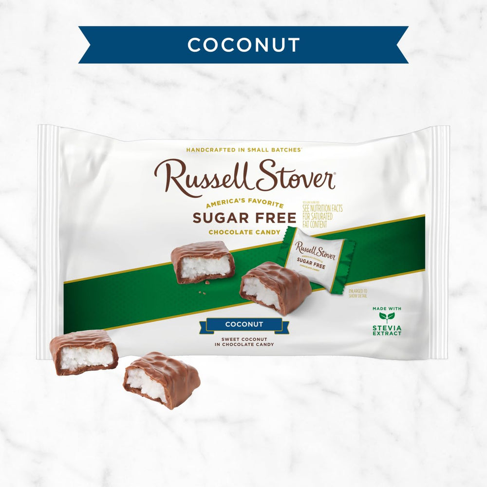 Russell Stover sugar-free chocolate coating over coconut center, smooth and satisfying.