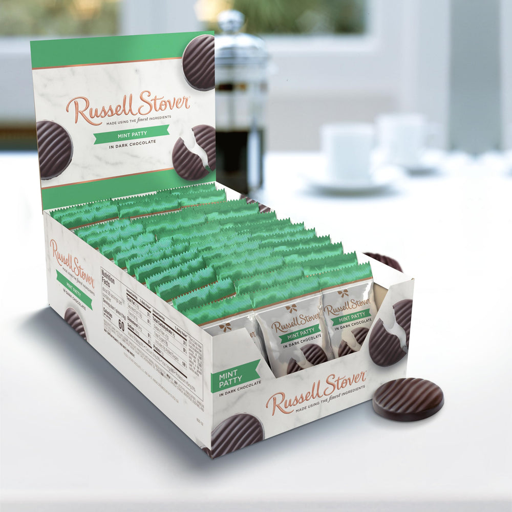 Close-up of Russell Stover label highlighting premium confections