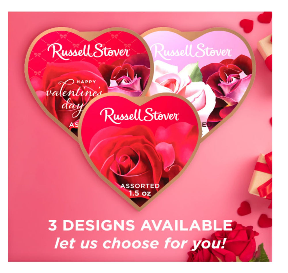 Russell Stover logo heart box closeup showcasing iconic branding