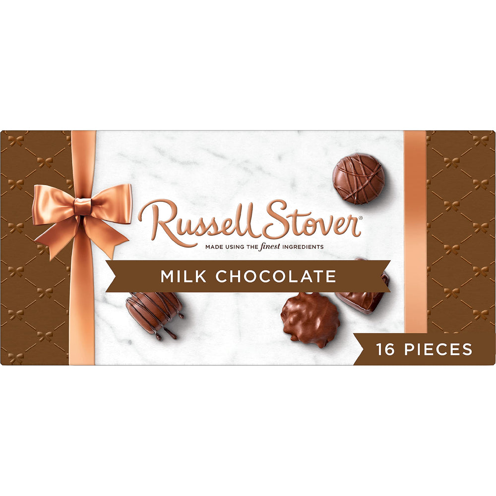 Russell Stover milk chocolate assortment box front view, ready-to-gift presentation.
