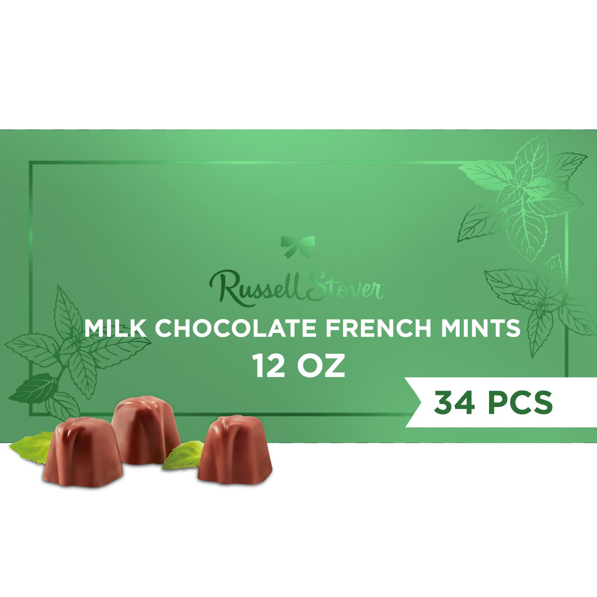 RUSSELL STOVER Milk Chocolate French Mints gift box closeup highlighting premium packaging for gifting.