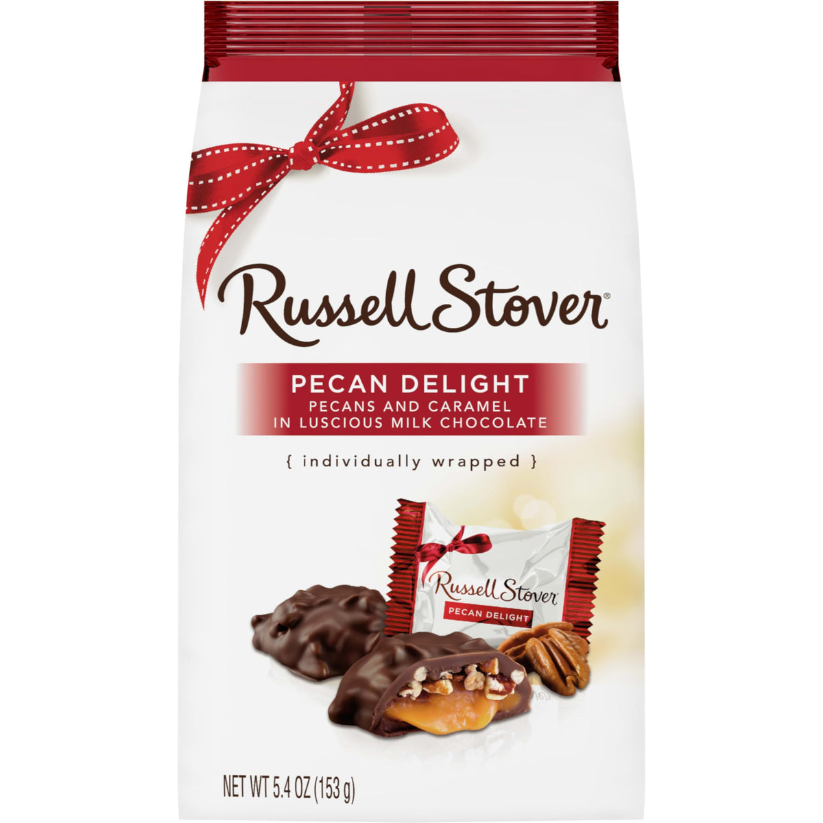 Russell Stover milk chocolate pecan delight bag with nine pieces for sharing.