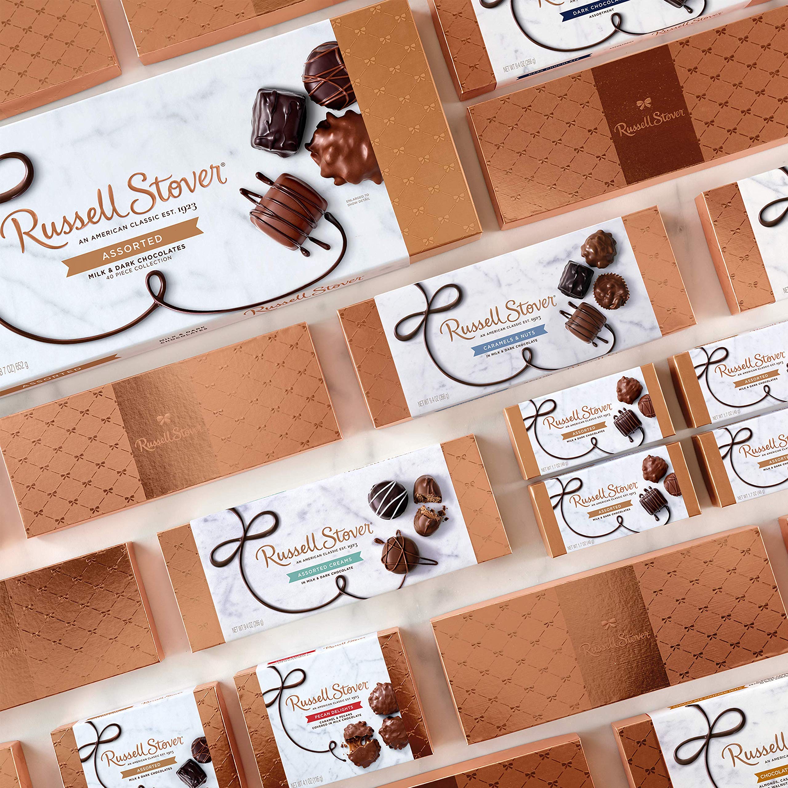 Close-up of Russell Stover milk chocolate pecan delight, crunchy and creamy.