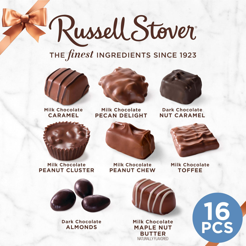 Milk chocolate pecan delights by Russell Stover, a crunchy treat.